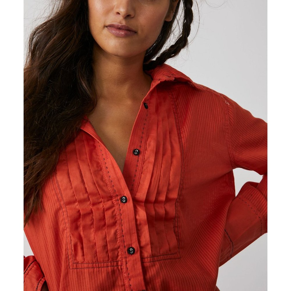 🎉LAST CHANCE🎉 NWT Free People Black Tie Tux Shirt / Tiger Red - Picture 4 of 6